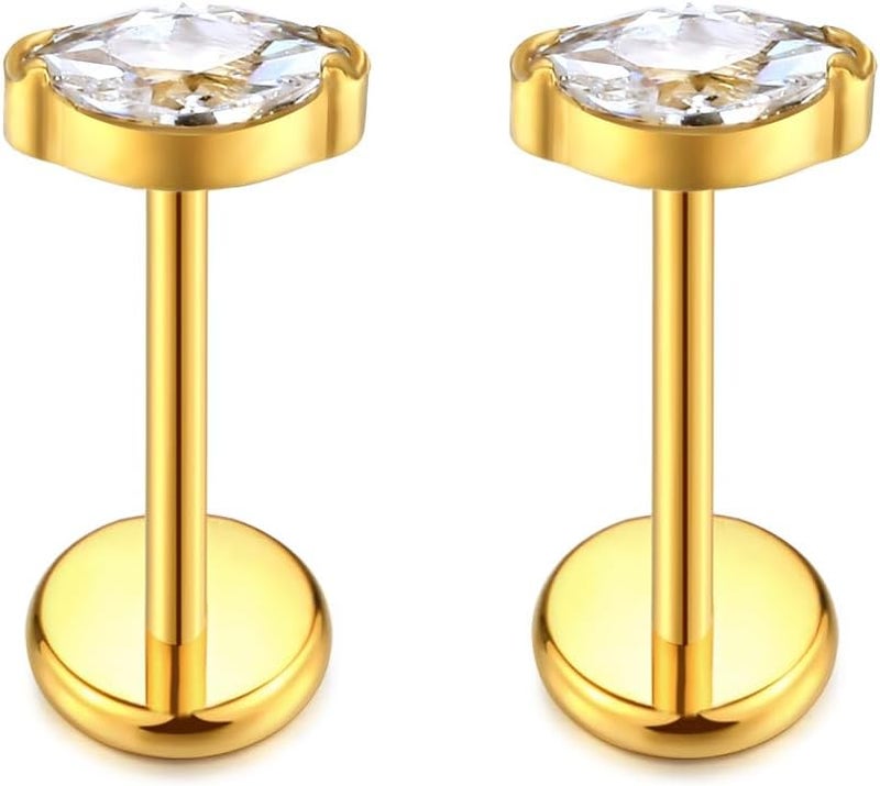 KaseStyle G23 Titanium Threadless Push-in Labret Lip Monroe Tragus Earrings Clear CZ Push Back Stud Helix Piercing Jewerly for Men Women - Image 1